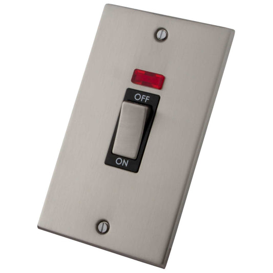M2 Decorative 45A DP 2 Gang Vertical Switch with Neon Black Insert Brushed Stainless Steel