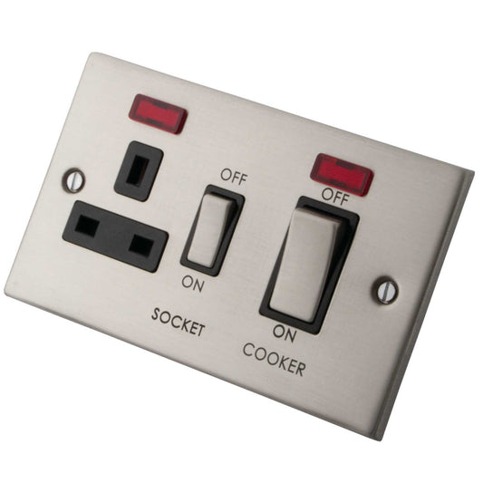 M2 Decorative 45A Cooker Control Unit with Neon Black Insert Brushed Stainless Steel