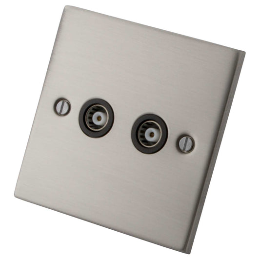 M2 Decorative 2 Gang Coaxial Socket Black Insert Brushed Stainless Steel