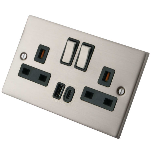 M2 Decorative 13A 2 Gang Socket with 1 x Type A and 1 x Type C USB Black Insert Brushed Steel