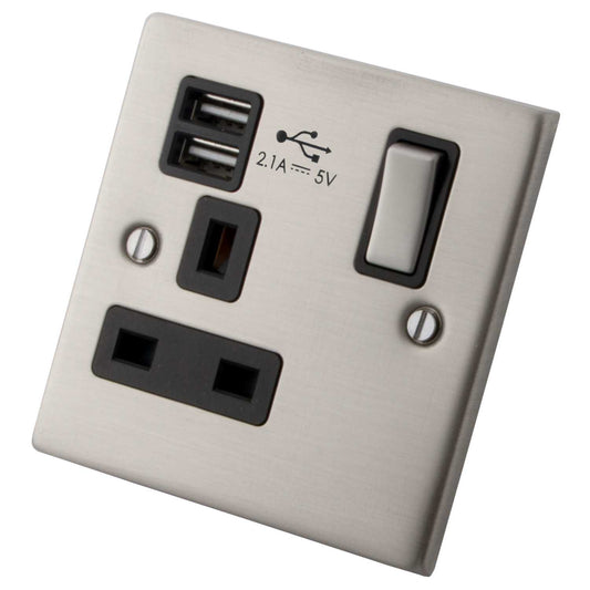 M2 Decorative 13A 1 Gang Switched Socket Twin USB Outlets Black Insert Brushed Stainless Steel