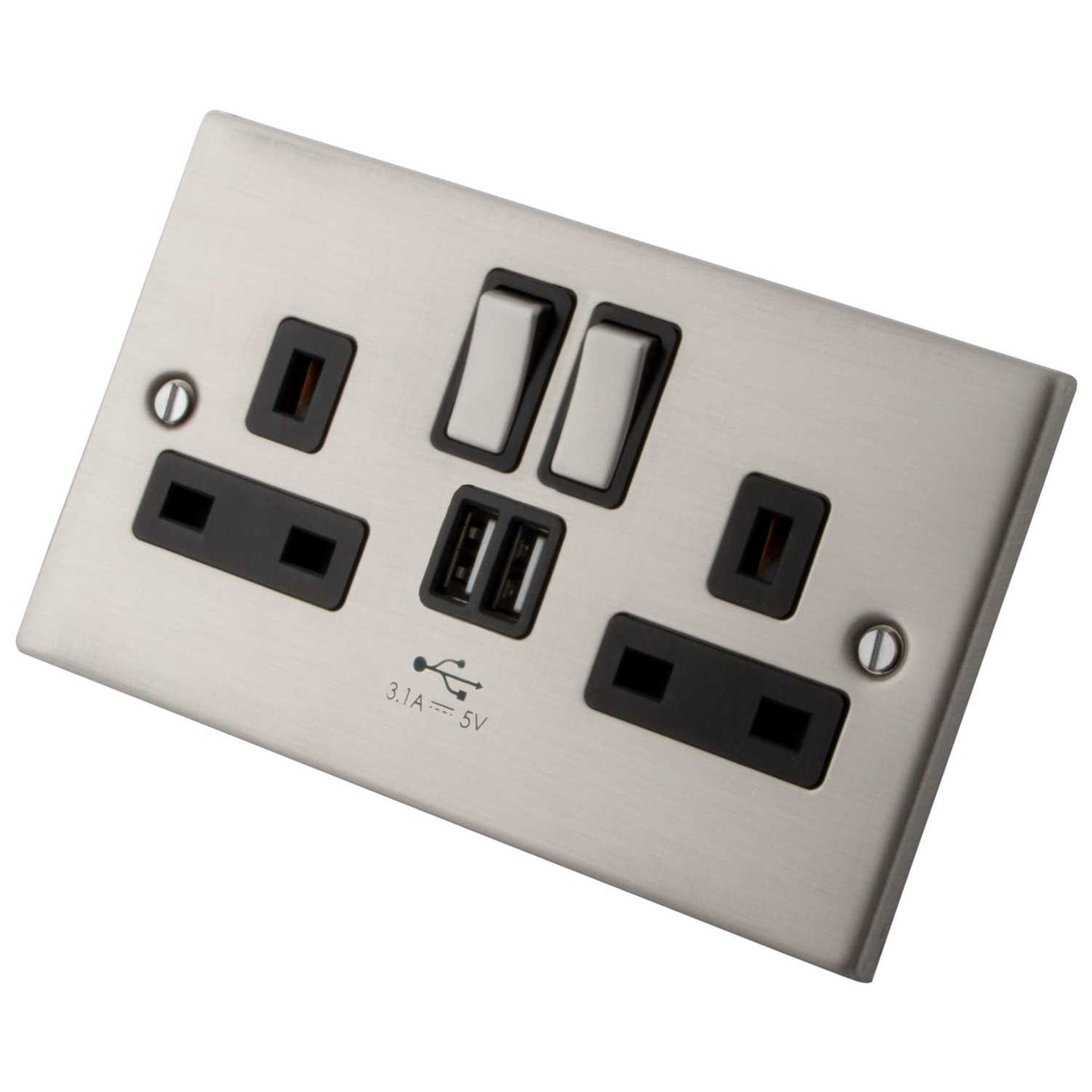 M2 Decorative 13A 2 Gang Switched Socket Twin USB Outlets Black Insert Brushed Stainless Steel