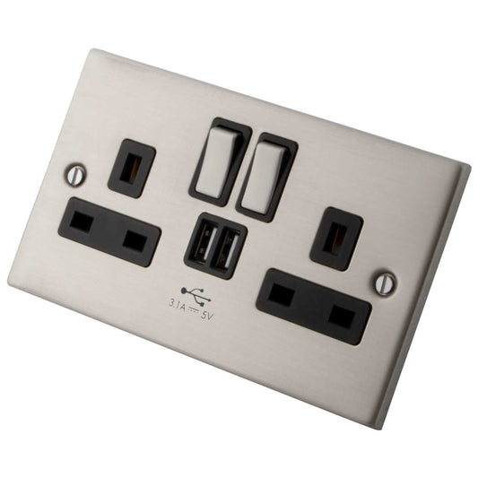 M2 Decorative 13A 2 Gang Switched Socket Twin USB Outlets Black Insert Brushed Stainless Steel