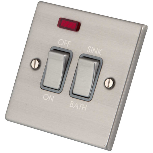 M2 Decorative 20A DP Switch with Neon marked Sink/Bath Grey Insert Brushed Stainless Steel