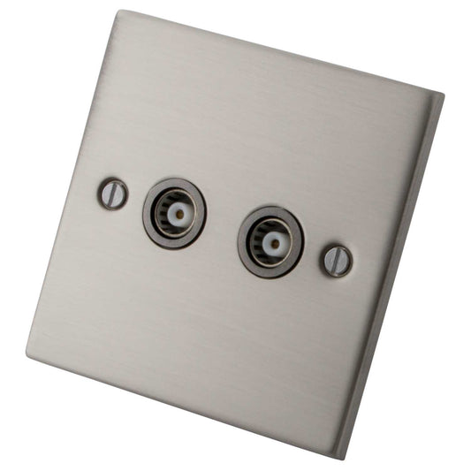 M2 Decorative 2 Gang Coaxial Socket Grey Insert Brushed Stainless Steel