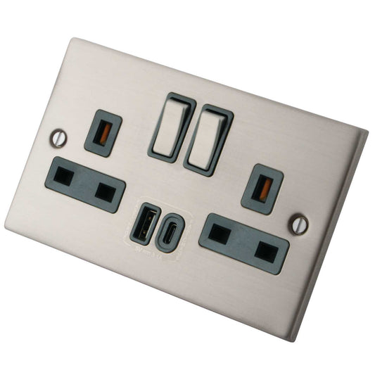 M2 Decorative 13A 2 Gang Switched Socket 3.1A USB Type A&C Grey Insert Brushed Stainless
