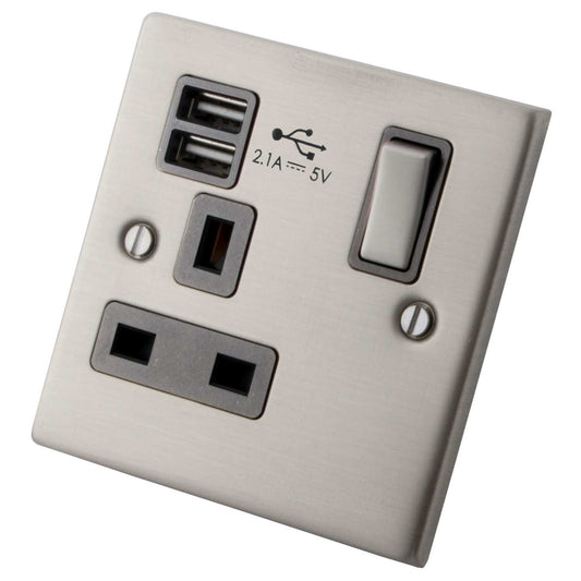 M2 Decorative 13A 1 Gang Switched Socket with USB Outlet Brushed Stainless Steel