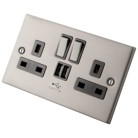 M2 Decorative 13A 2 Gang Switched Socket 3.1A USB Type A Grey Insert Brushed Stainless