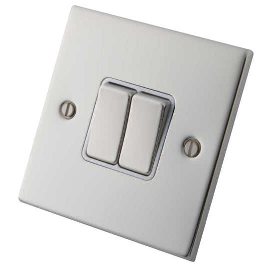 M2 Decorative 10A 2 Gang 2 Way Light Switch Metal / White Insert Polished Stainless Steel