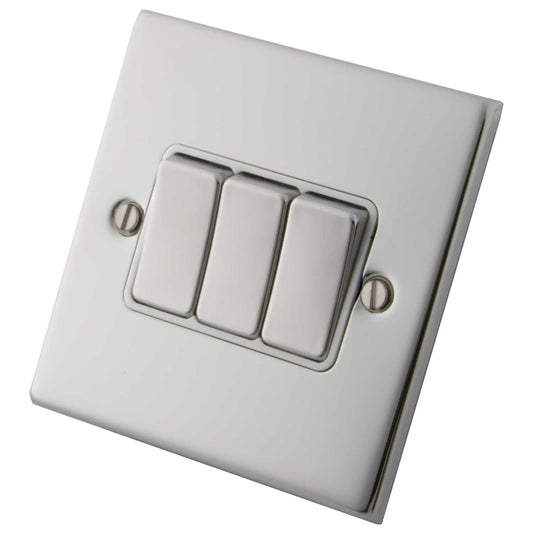 M2 Decorative 10A 3 Gang 2 Way Light Switch Metal / White Insert Polished Stainless Steel