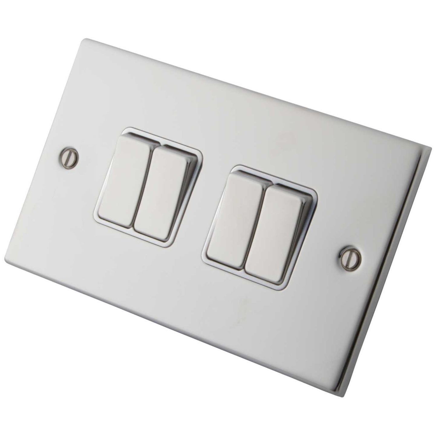 M2 Decorative 10A 4 Gang 2 Way Light Switch Metal / White Insert Polished Stainless Steel
