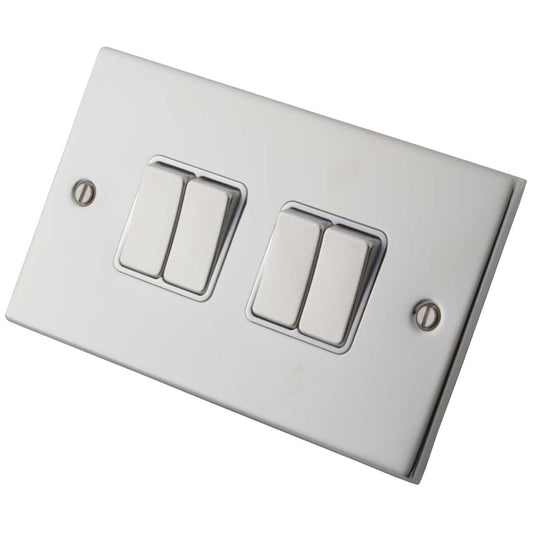 M2 Decorative 10A 4 Gang 2 Way Light Switch Metal / White Insert Polished Stainless Steel