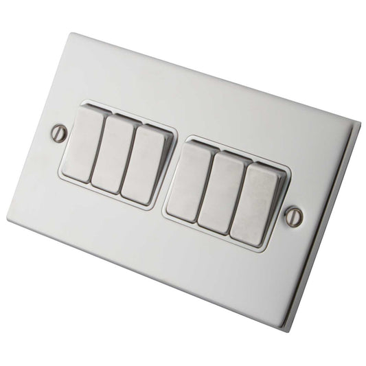 M2 Decorative 10A 6 Gang 2 Way Light Switch Metal / White Insert Polished Stainless Steel