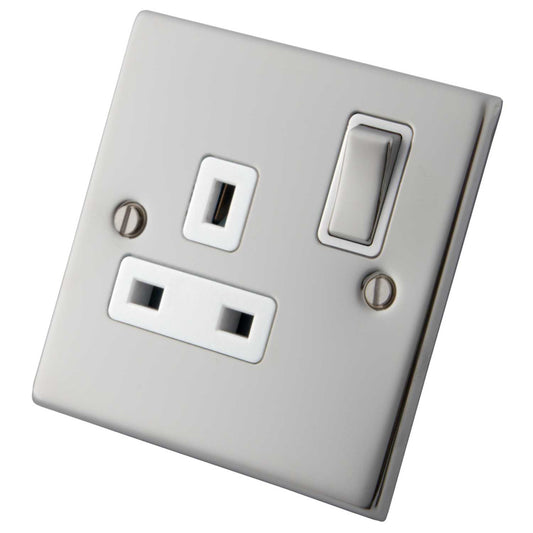 M2 Decorative 13A 1 Gang Switched Socket Metal / White Insert Polished Stainless Steel