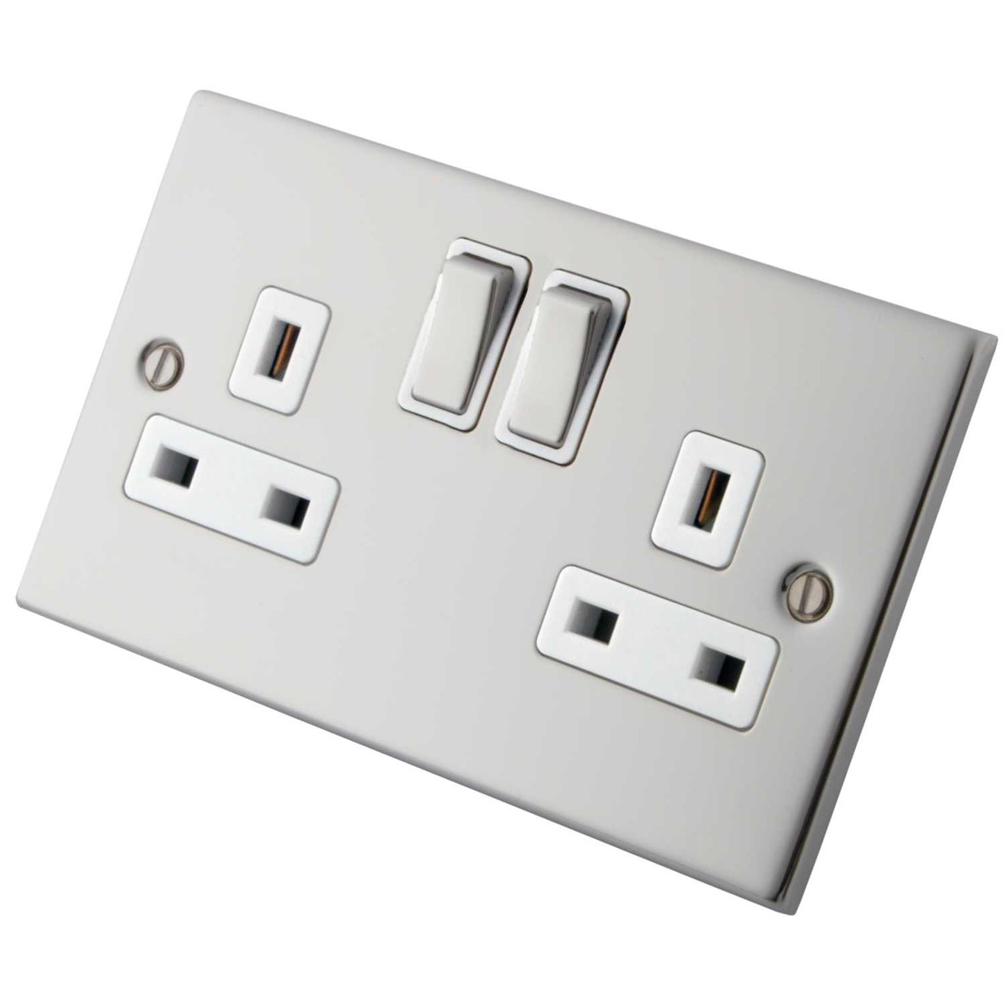 M2 Decorative 13A 2 Gang Switched Socket Metal / White Insert Polished Stainless Steel
