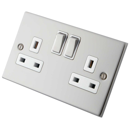 M2 Decorative 13A 2 Gang Switched Socket Metal / White Insert Polished Stainless Steel
