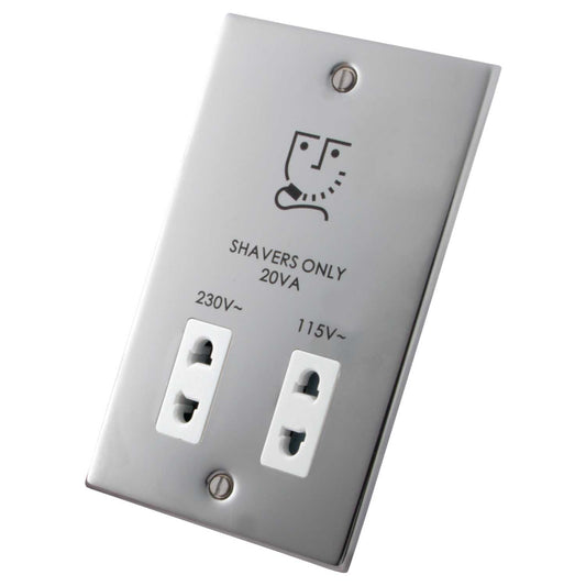 M2 Decorative Dual Voltage Shaver Socket White Insert Polished Stainless Steel