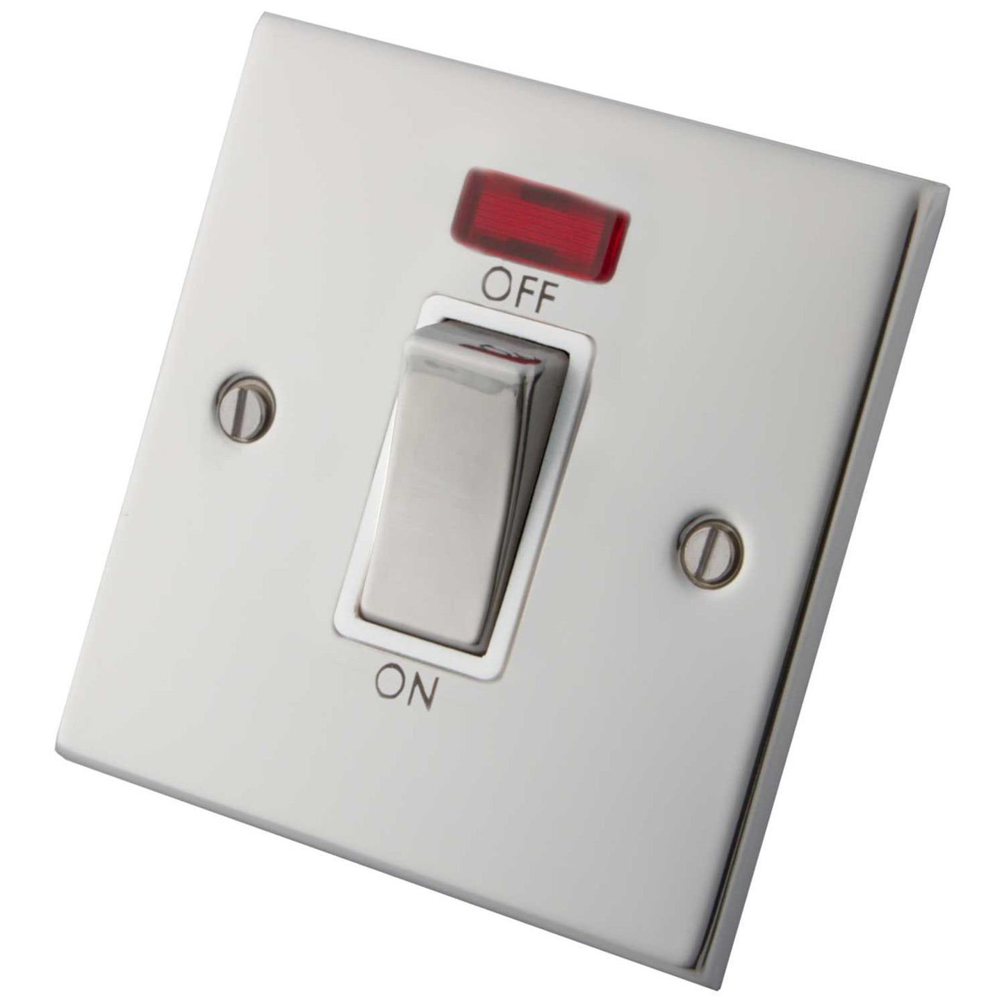 M2 Decorative 45A DP 1 Gang Switch With Neon Indicator White Insert Polished Stainless Steel