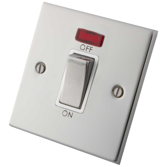 M2 Decorative 45A DP 1 Gang Switch With Neon Indicator White Insert Polished Stainless Steel