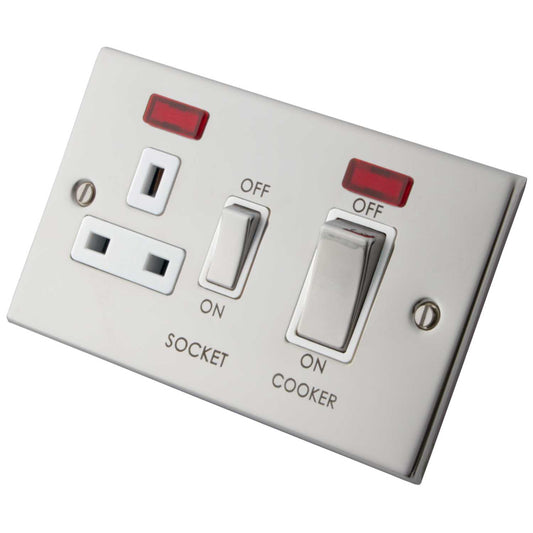 M2 Decorative 45A Cooker Control Unit with Neon Metal / White Insert Polished Stainless Steel