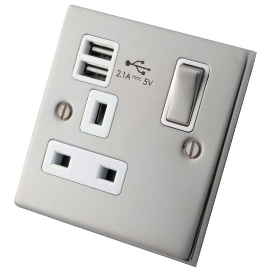 M2 Decorative 13A 1 Gang Switched Socket with Twin USB White Insert Polished Stainless Steel