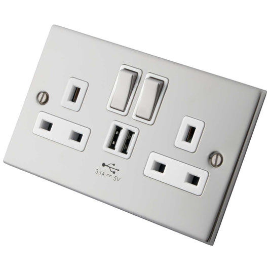 M2 Decorative 13A 2 Gang Switched Socket with Twin USB White Insert Polished Stainless Steel