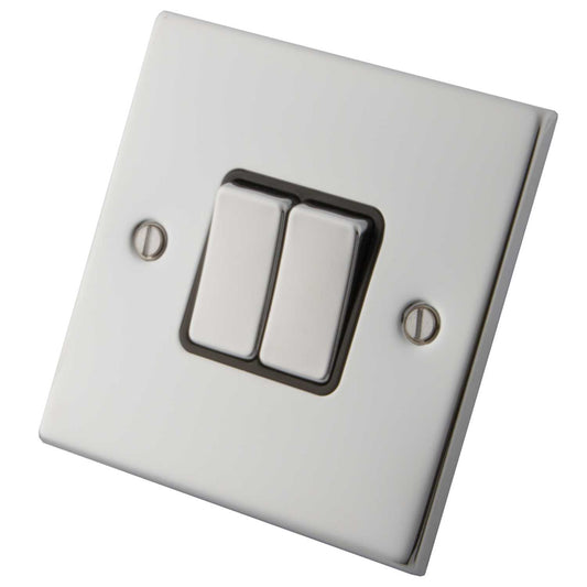 M2 Decorative 10A 2 Gang 2 Way Light Switch Metal / Black Insert Polished Stainless Steel