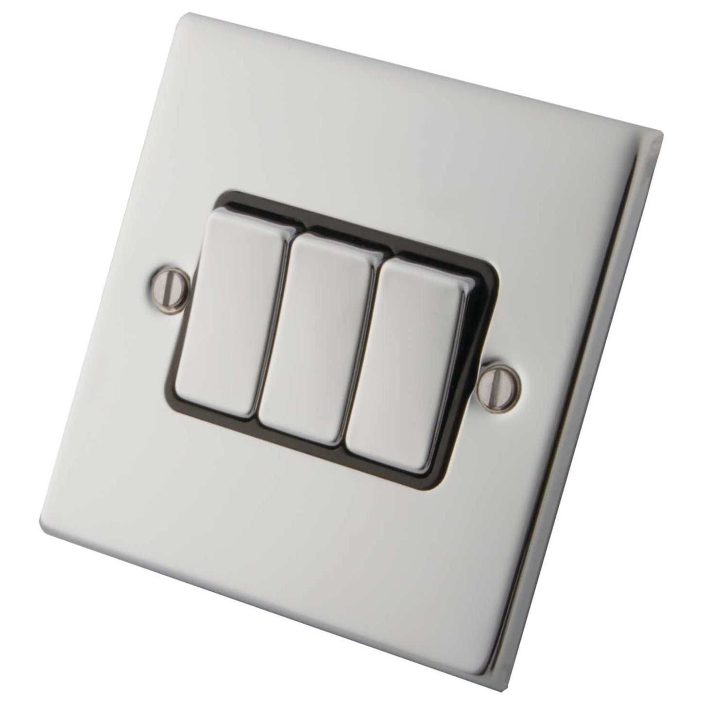 M2 Decorative 10A 3 Gang 2 Way Light Switch Metal / Black Insert Polished Stainless Steel