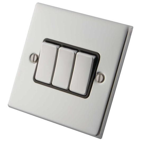 M2 Decorative 10A 3 Gang 2 Way Light Switch Metal / Black Insert Polished Stainless Steel