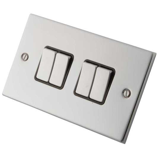 M2 Decorative 10A 4 Gang 2 Way Light Switch Metal / Black Insert Polished Stainless Steel