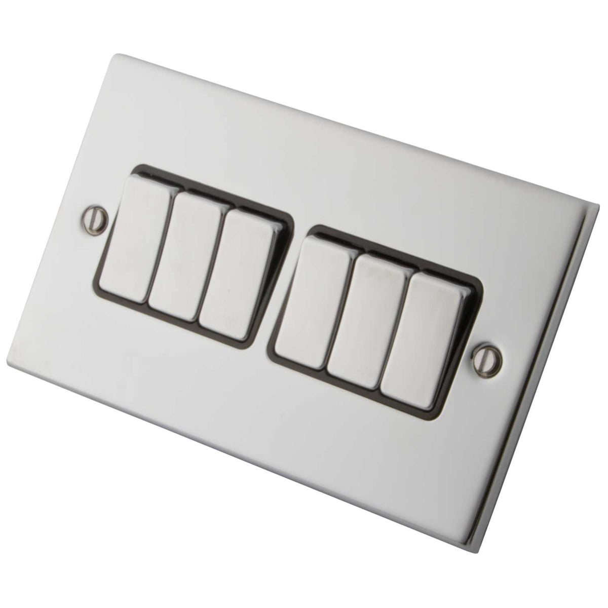 M2 Decorative 10A 6 Gang 2 Way Light Switch Metal / Black Insert Polished Stainless Steel