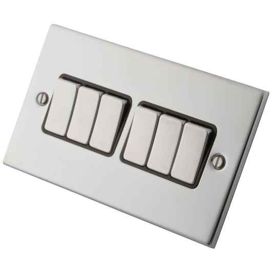 M2 Decorative 10A 6 Gang 2 Way Light Switch Metal / Black Insert Polished Stainless Steel