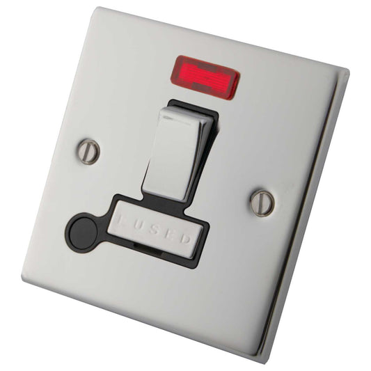 M2 Decorative 13A Switched Fused Spur Neon Indicator Black Insert Polished Stainless Steel