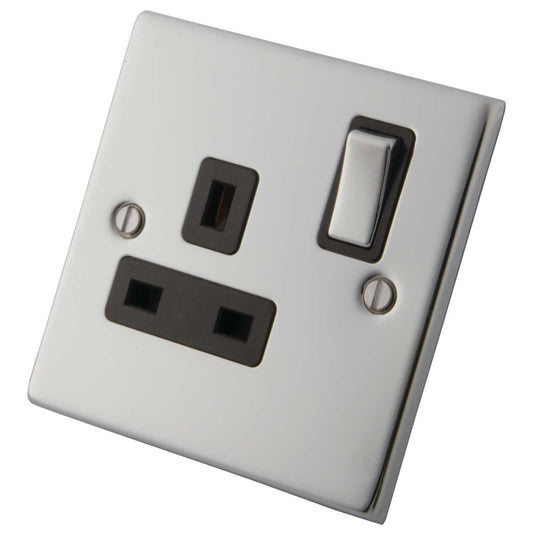 M2 Decorative 13A 1 Gang Switched Socket Metal / Black Insert Polished Stainless Steel