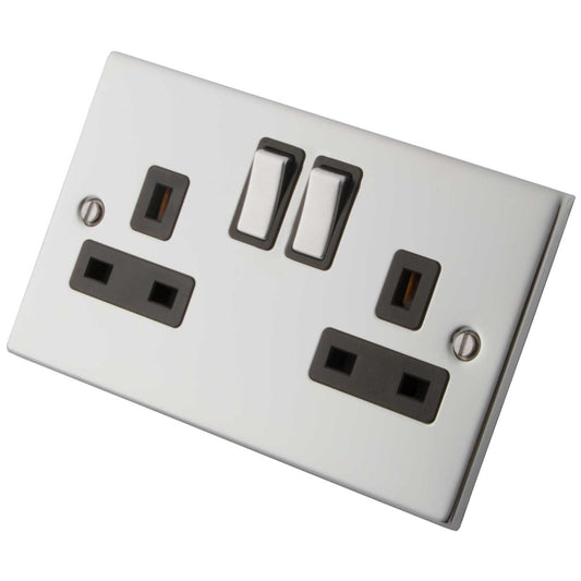 M2 Decorative 13A 2 Gang Switched Socket Metal / Black Insert Polished Stainless Steel