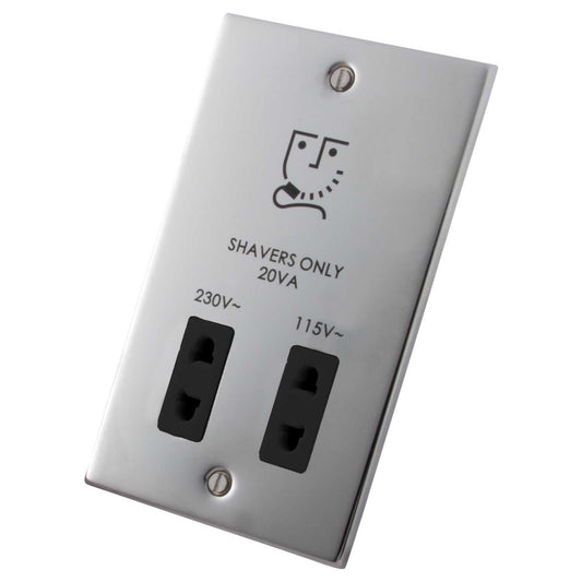 M2 Decorative Dual Voltage Shaver Socket Black Insert Polished Stainless Steel
