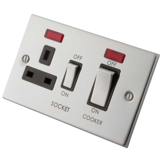 M2 Decorative 45A Cooker Control Unit with Neon Metal / Black Insert Polished Stainless Steel