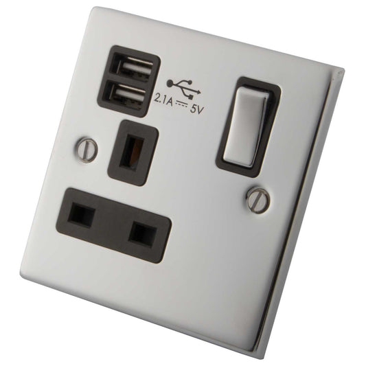 M2 Decorative 13A 1 Gang Switched Socket with Twin USB Black Insert Polished Stainless Steel