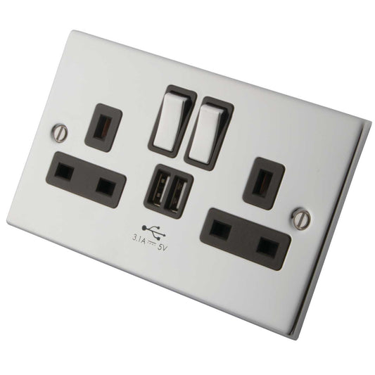 M2 Decorative 13A 2 Gang Switched Socket with Twin USB Black Insert Polished Stainless Steel