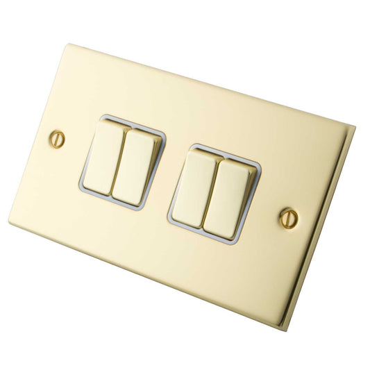 M2 Decorative 10A 4 Gang 2 Way Light Switch White Insert Polished Brass
