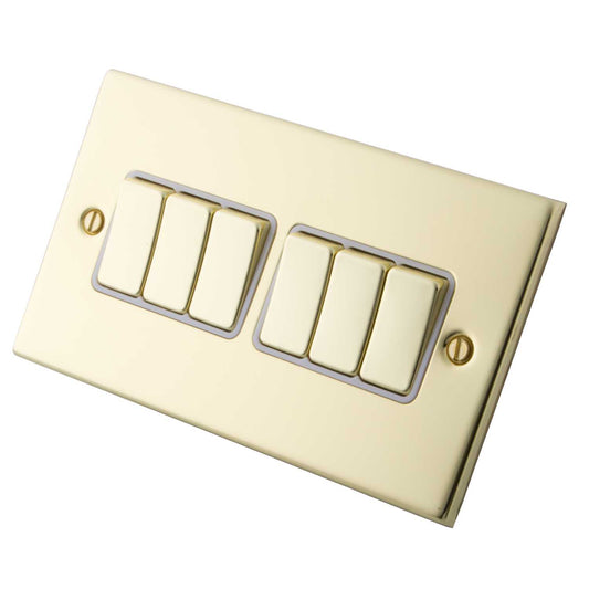 M2 Decorative 10A 6 Gang 2 Way Light Switch White Insert Polished Brass