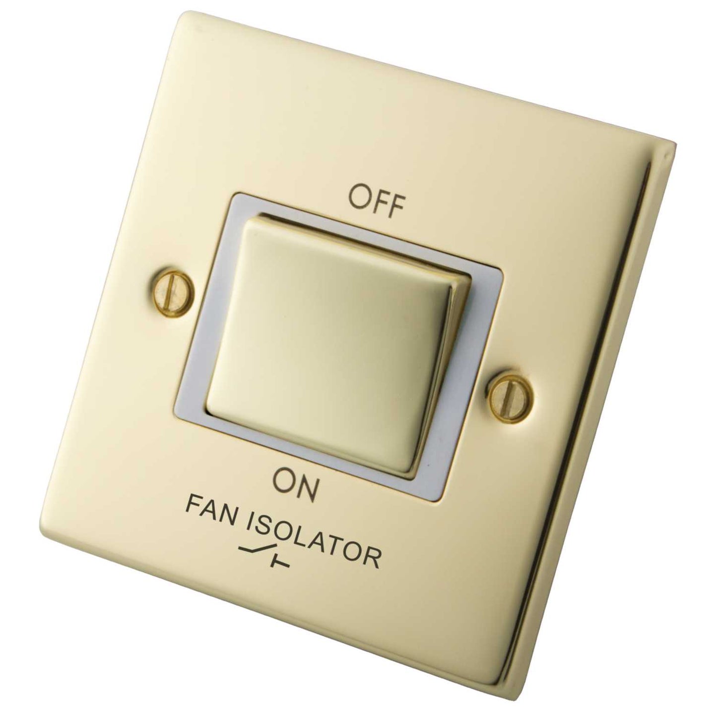 M2 Decorative 10A Triple Pole Fan Isolator White Insert Polished Brass