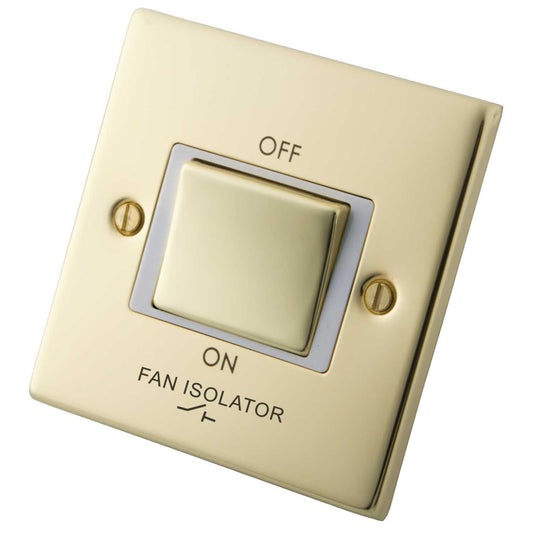 M2 Decorative 10A Triple Pole Fan Isolator White Insert Polished Brass