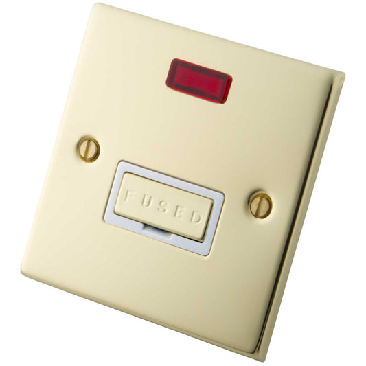 M2 Decorative 13A Unswitched Fused Spur With Neon Indicator White Insert Polished Brass