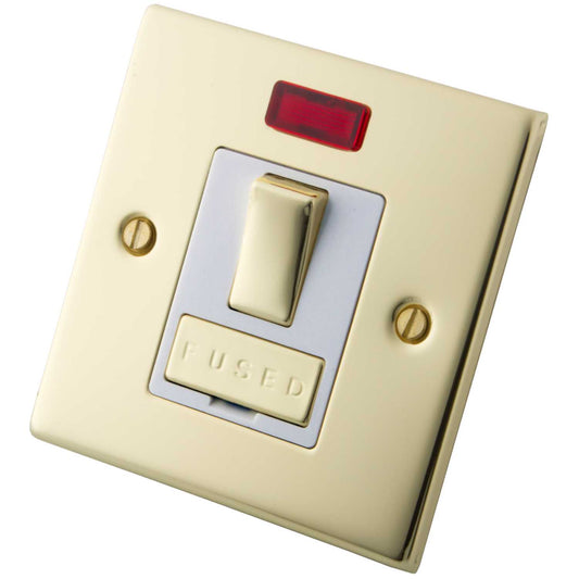 M2 Decorative 13A Switched Fused Spur With Neon Indicator White Insert Polished Brass