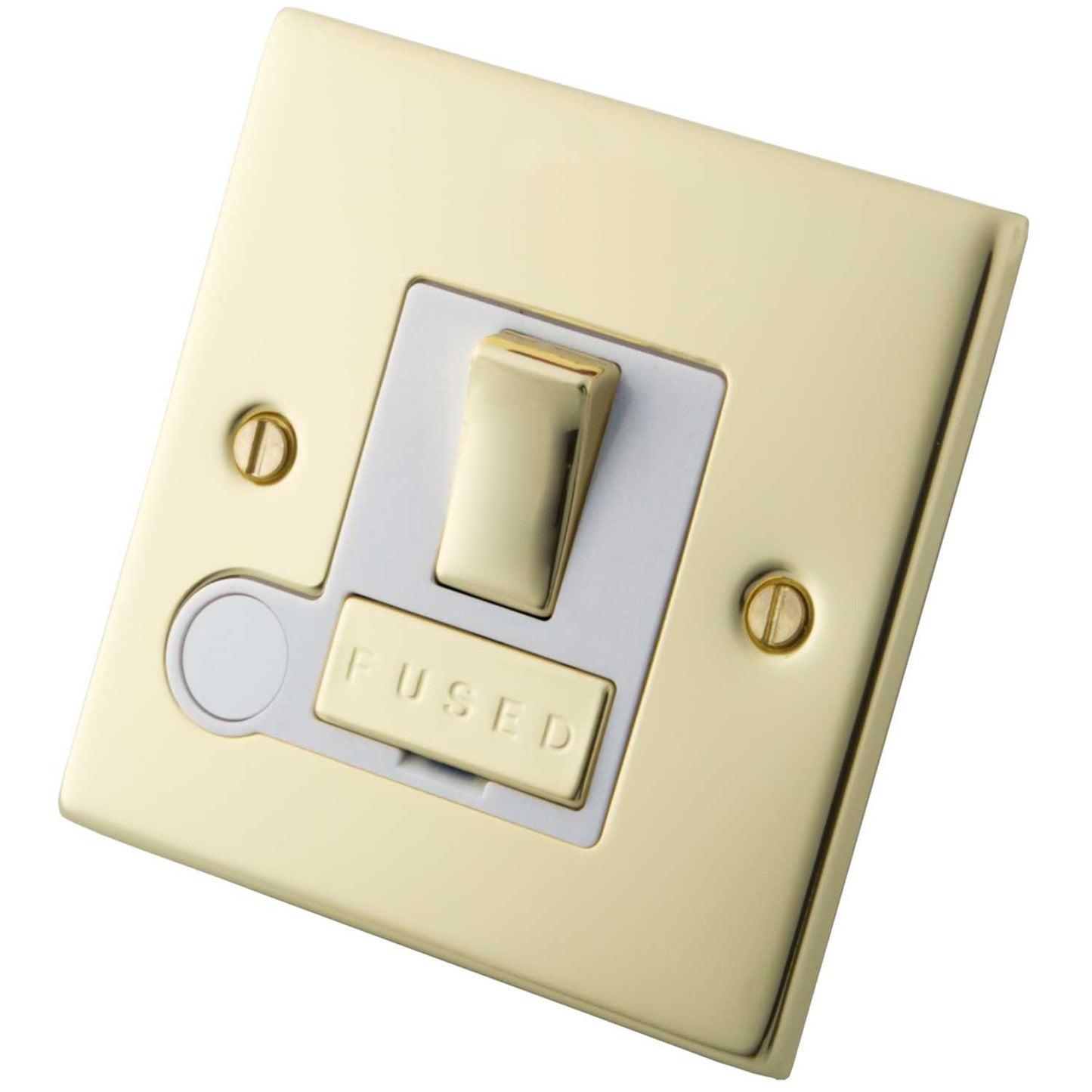 M2 Decorative 13A Switched Fused Spur With Flex Outlet White Insert Polished Brass