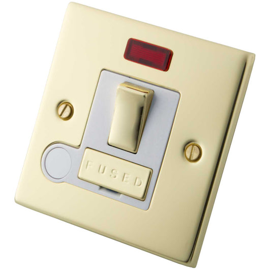 M2 Decorative 13A Switched Fused Spur With Neon Indicator White Insert Polished Brass