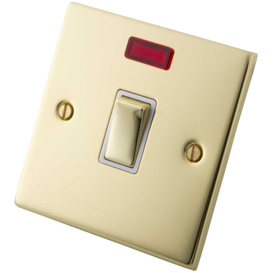 M2 Decorative 20A DP Switch with Neon Indicator White Insert Polished Brass