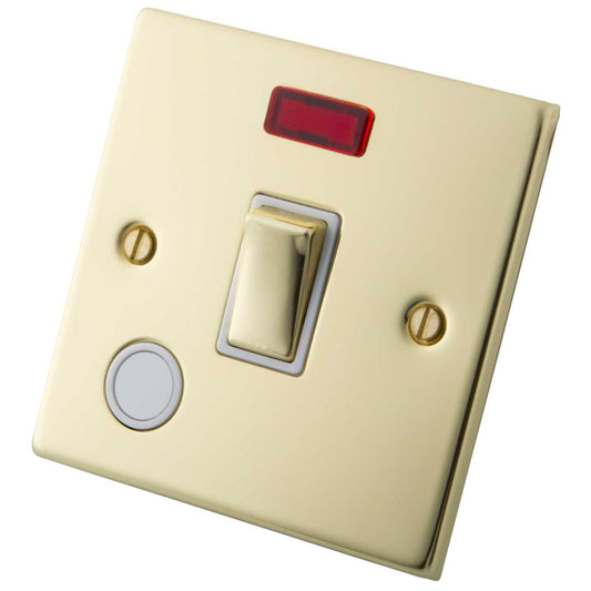 M2 Decorative 20A DP Switch with Neon Indicator and Flex Outlet White Insert Polished Brass