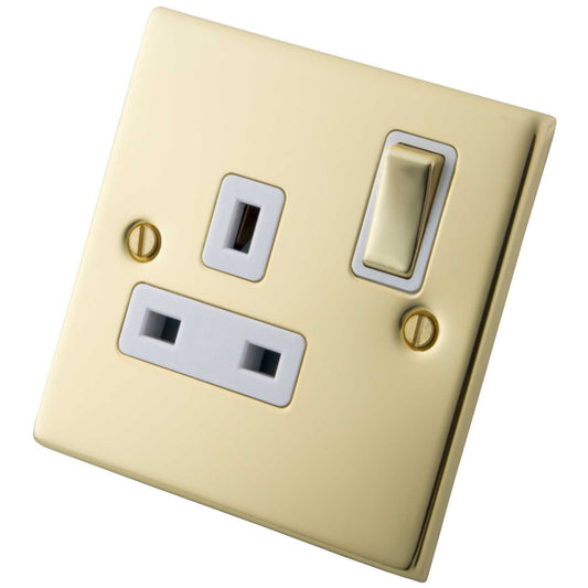 M2 Decorative 13A 1 Gang Switched Socket White Insert Polished Brass